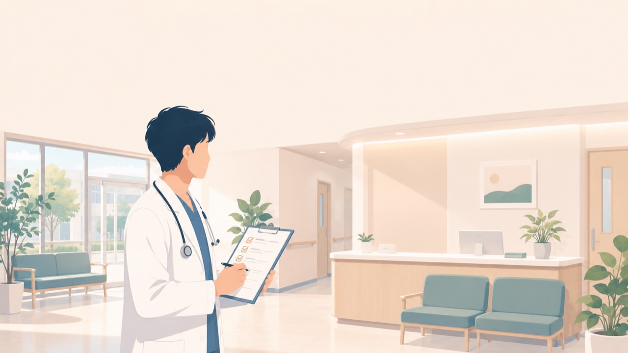 クリニックの継承を検討し院内を確認する医師のイラスト