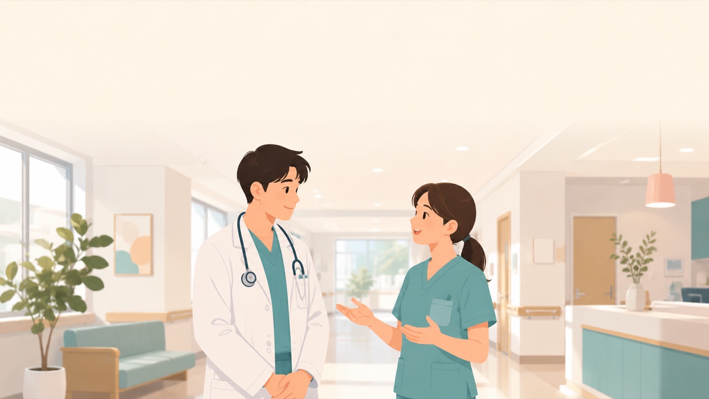 医療現場で医師と看護師が対等に話し合う様子のイラスト