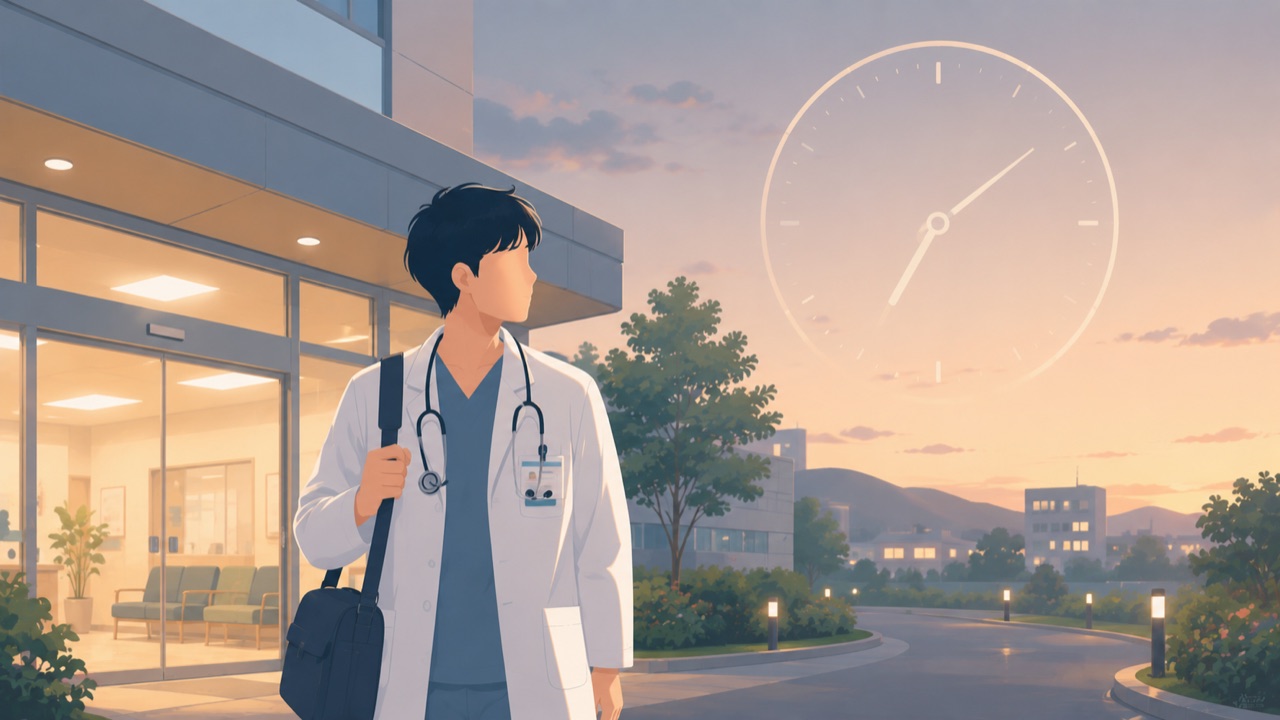 夕暮れに病院を後にする医師と時計が象徴する働き方改革のイラスト